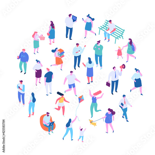 Different Isometric cartoon people. Outdoor activities, People walking street vector set.