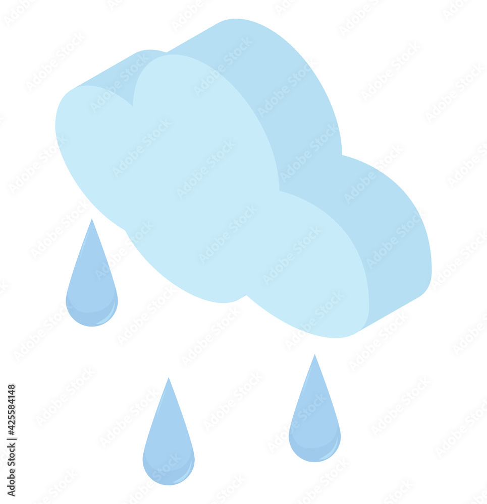 Isometric raindrops and blue  cloud icon. Simple 3d weather illustration  isolated on white background.