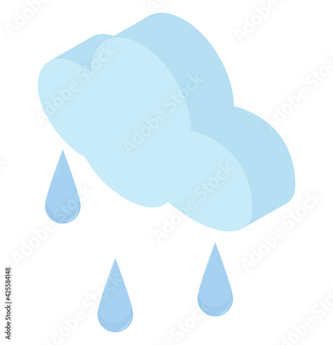 Isometric raindrops and blue cloud icon. Simple 3d weather illustration isolated on white background.