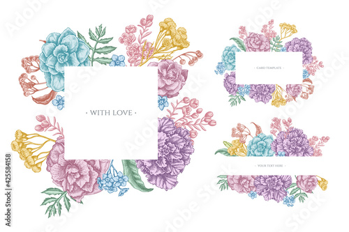 Floral frames with pastel wax flower, forget me not flower, tansy, ardisia, brassica, decorative cabbage