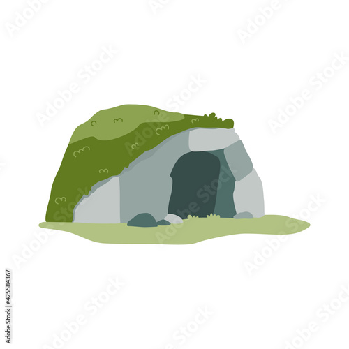 Stone cave of prehistoric man dwelling, flat vector illustration isolated.