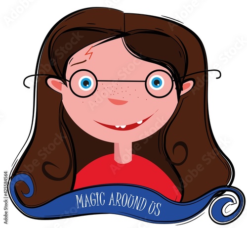 Little girl with a scar on his forehead and round glasses on a white background
