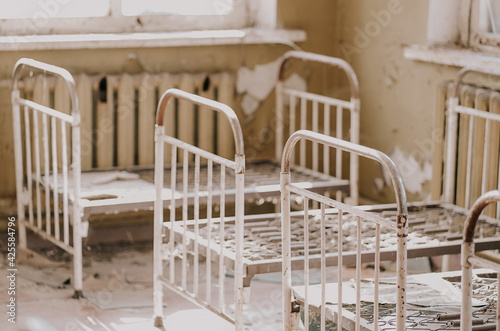 Chernobyl Exclusion Zone, Ukraine Bedroom of an abandoned kindergarten