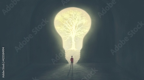 Lightbulb with the tree idea concept art, 3d illustration, surreal artwork, imagination painting, conceptual  photo