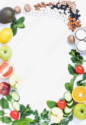 Fresh food pattern for healthy and proper nutrition. Gastronomic background, copy space, top view, flat lay