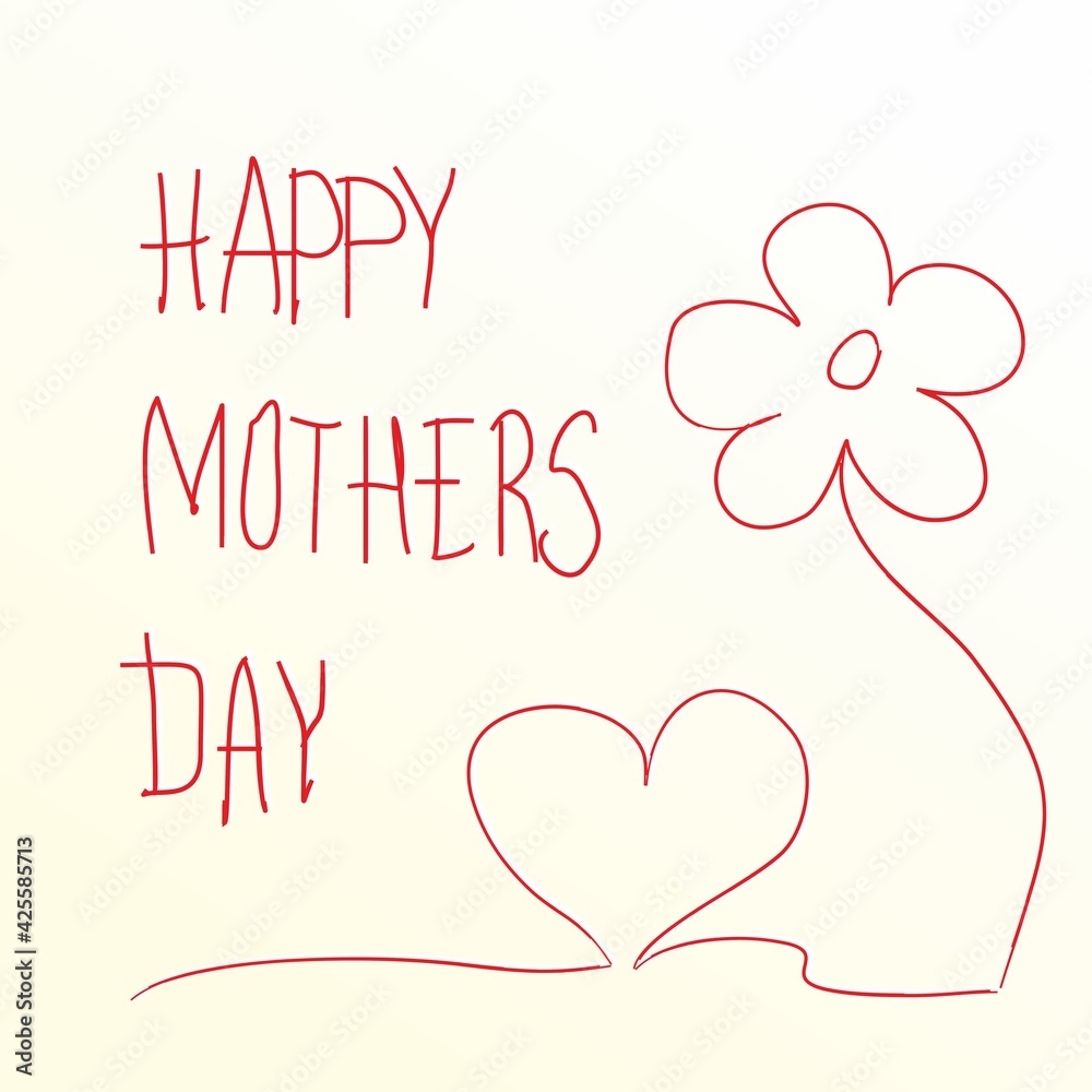 Simple line drawing, greeting card for Mother's Day. children's drawing, congratulations, cute doodles, as gift to mom. freehand drawing: heart, flower and lettering. Lettering and heart for postcards