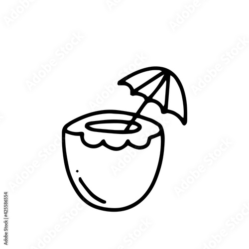 Young coconut doodle illustration. Juice or drink in whole nut. Linear hand drawn print of pina colada for menu, t-shirt. Coco cocktail, straw, leaves, flower. Black contour vector, white background