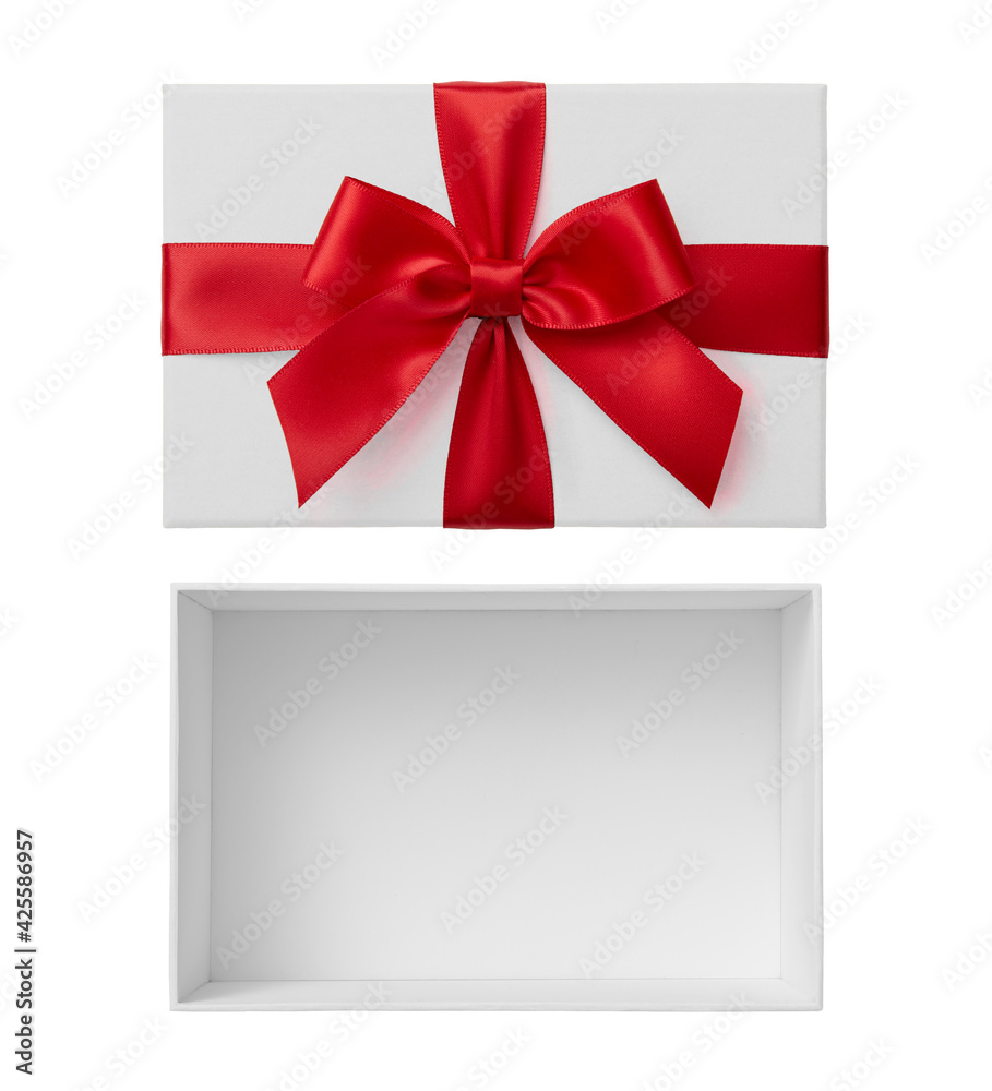 Red bows top view. Realistic gift bow with ribbon. White present boxes By  ONYX