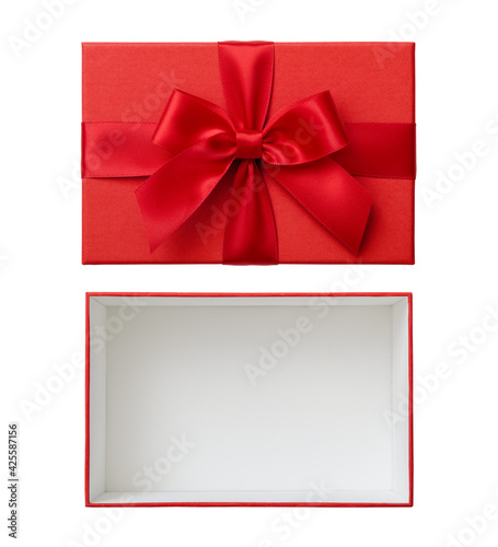 Open red gift box with lid and red bow cut out on white background, present box top view	