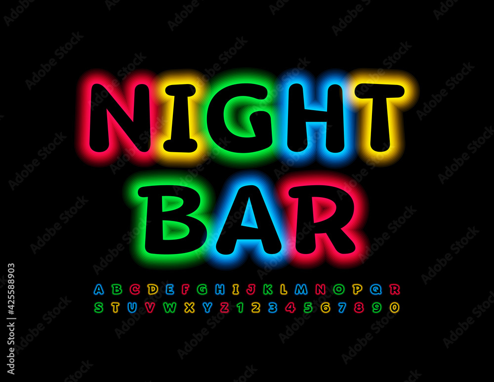 Vector electric Sign Night Bar. Colorful bright Glowing Font. Neon Alphabet Letters and Numbers set