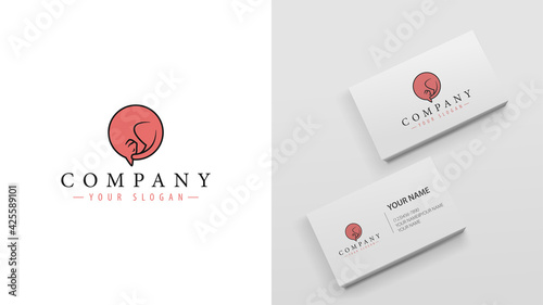 Logo in the form of a cat curled into a ball. Round red cat logo. Mockup of business cards with a logo