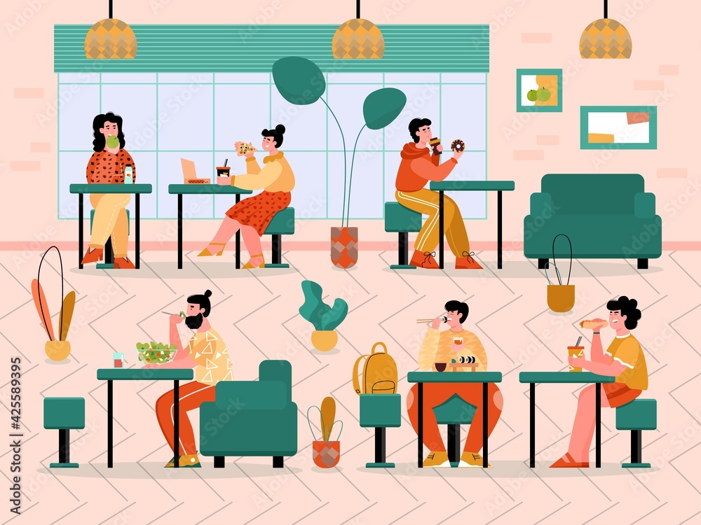 Cartoon people eating in cafe - restaurant interior with customers