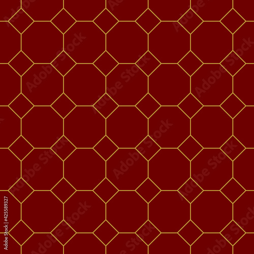 Geometric golden ornament grid on red background. Seamless fine abstract pattern, wrapping paper