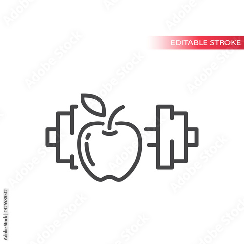 Apple and a dumbbell line vector icon. Eating healthy and fitness workout outline symbol, editable stroke.
