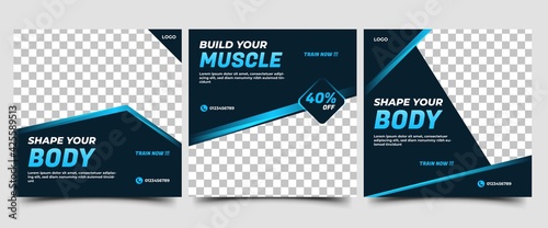 Gym and Sports Social media post template. Black background with abstract blue shape. Editable vector design with place for the photo. Perfect for social media, flyers, banner, and websites.