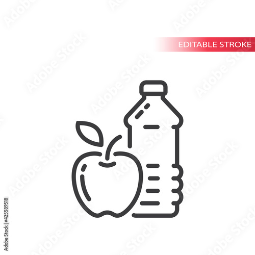 Apple and a water bottle line vector icon. Eating healthy outline symbol, editable stroke.