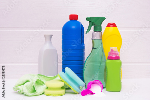 rag and sponges, cleaning and disinfection liquids, at home