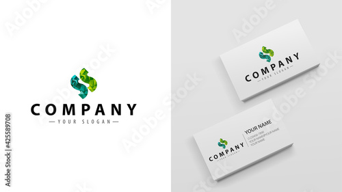 Logo polygon with the letter S. Mockup of business cards with a logo photo