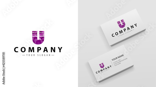 Logo polygon with the letter U. Mockup of business cards with a logo