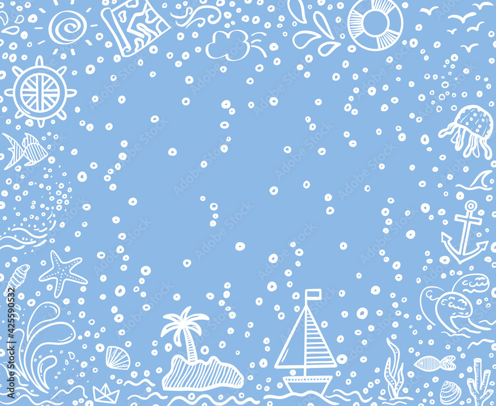 Hand drawn holiday frame. Line freehand elements. Colorful doodle. Summer holidays. Freehand signs and symbols in frame Hand drawn holiday frame. Line freehand elements. Colorful doodle. Summer holidays. Freehand signs and symbols in frame