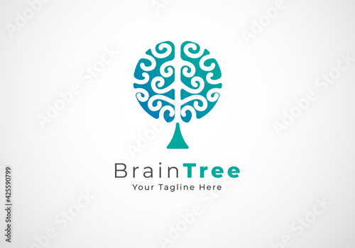 Brain Logo, brain and tree symbol of growth combination, flat design logo template, vector illustration