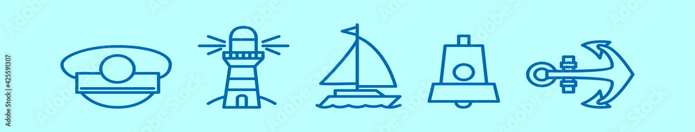 set of nautical cartoon icon design template with various models. vector illustration isolated on blue background set of nautical cartoon icon design template with various models. vector illustration isolated on blue background