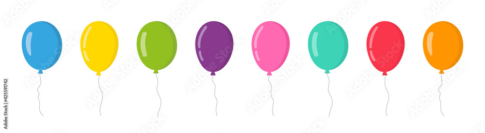 Balloon in cartoon style. Bunch of balloons for birthday and party. Flying ballon with rope. Blue, red, yellow and green ball isolated on white background. Flat icon for celebrate carnival. Vector. - obrazy, fototapety, plakaty 