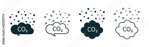 Co2 cloud. Icon of carbon pollution. Emission of gas in air. Emission exhaust, smog in environment. Reduce c02 from factory, car and plant. Symbol of greenhouse, smoke, chemistry and fumes. Vector photo