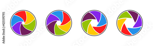 Aperture, camera and shutter icons. Logo of lens for photography. Color circles for photo. Modern rainbow wheels for studio. Spectrum colors of camera. Design icons. Digital concept. Vector