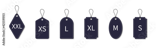 Size label. Cloth label of size. Tag of xl, s, xxl, l, m, xs, xxxl. Icon for large, small fabric of garment, shirt, dress. Set of sign for woven clothes. Leather tags with brand and dimension. Vector