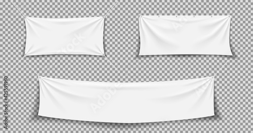 Fabric banner. White textile banner. Hanging, stretch cloth flag. Fabric canvas with rope. Blank horizontal mockup of poster. Realistic rectangle texture for advertising. Hang flag with fold. Vector