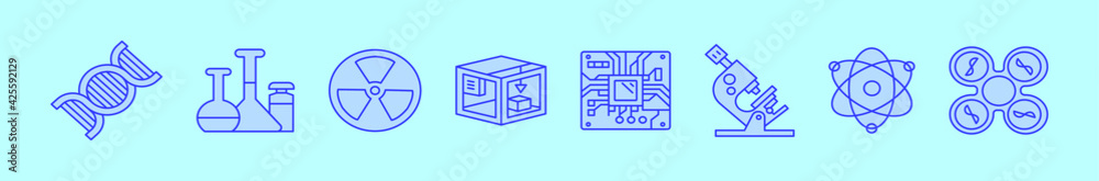 set of technology and science cartoon icon design template with various models. vector illustration isolated on blue background set of technology and science cartoon icon design template with various models. vector illustration isolated on blue background