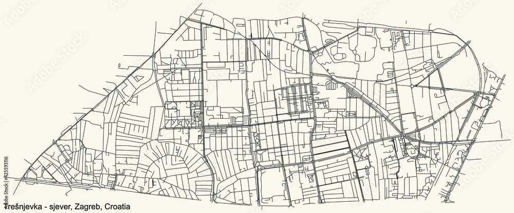 Black simple detailed street roads map on vintage beige background of the quarter Trešnjevka – sjever district of Zagreb, Croatia