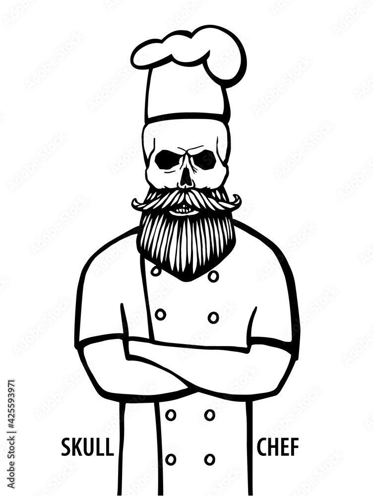 skull in chef hat with beard and mustache isolated vector illustration