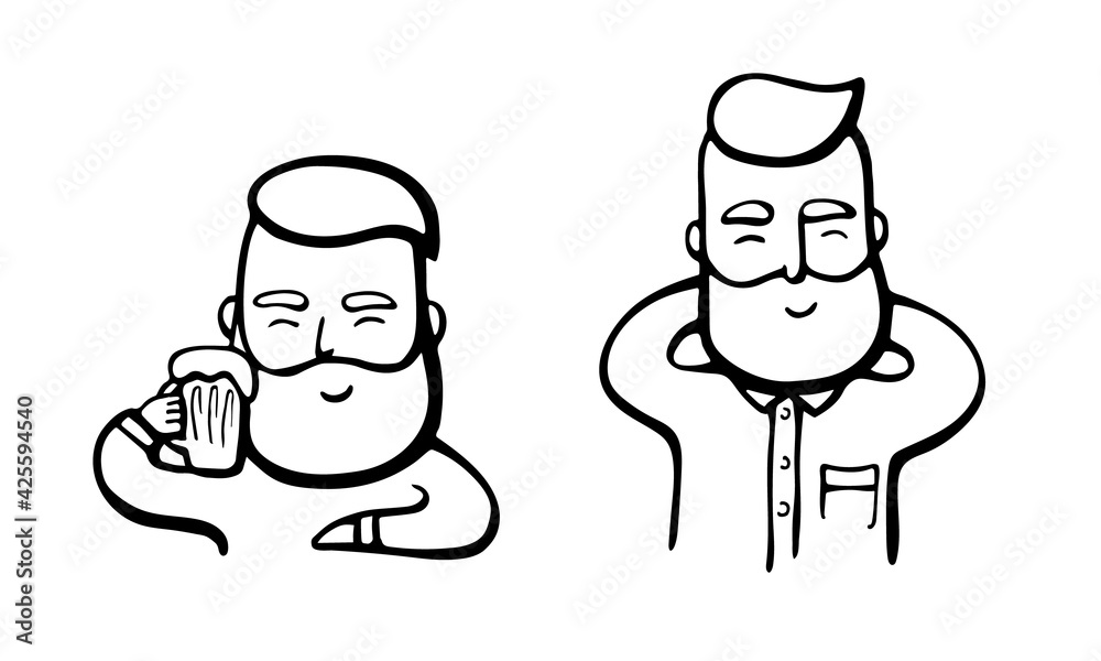 Hand-drawn hipster dude with mustache and beard relaxing. Happy smiling Men with beer. Vector illustration. Stickers, logo, Emblem