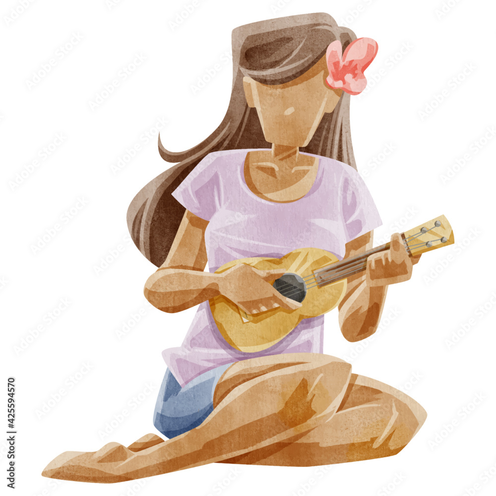 Naklejka premium ウクレレを弾く女性の手描き水彩風イラスト