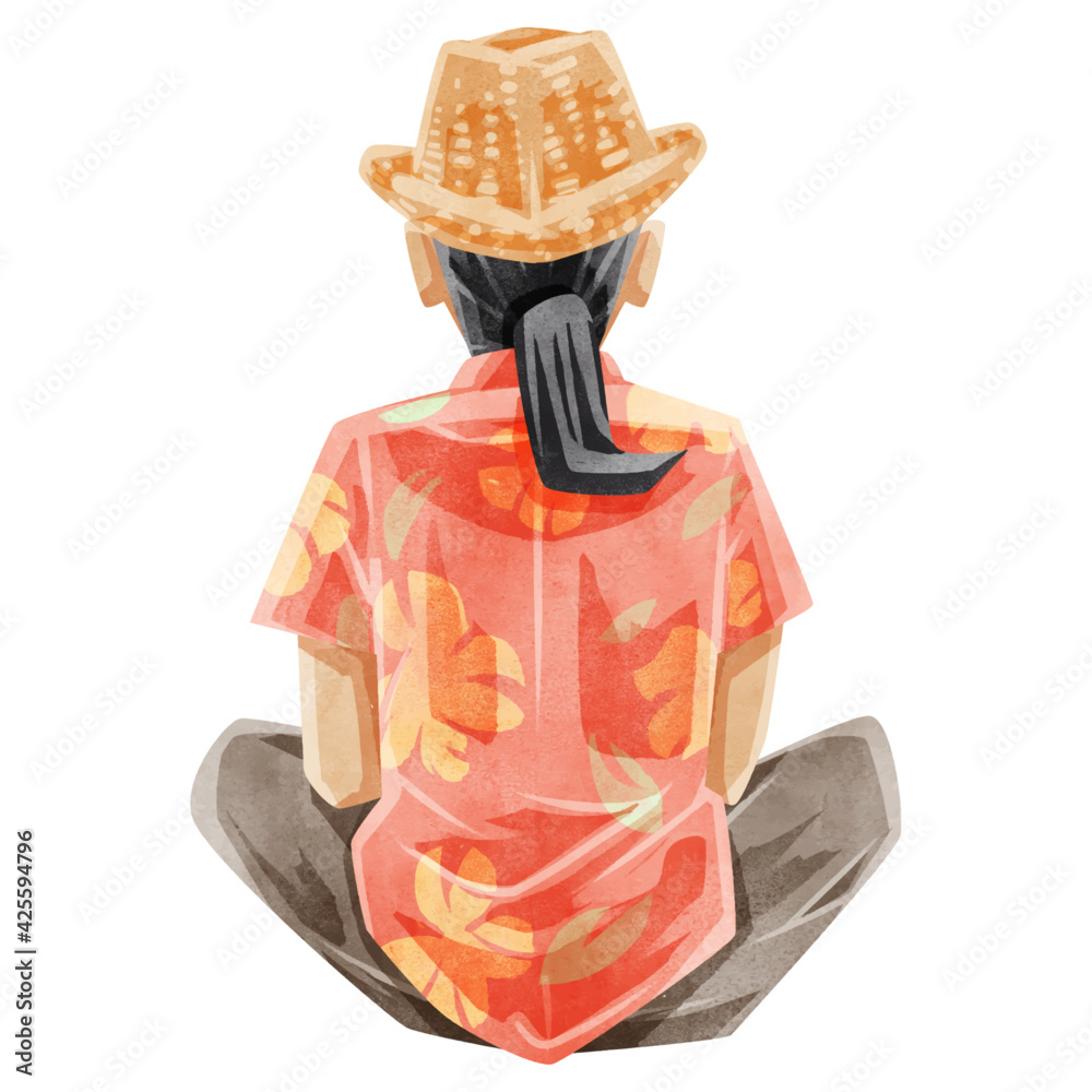 パナマ帽子を被った男性の後ろ姿手書き水彩風イラスト Vektornyj Obekt Stock Adobe Stock