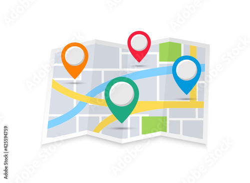 Four color location pointers on the map in flat style. Navigation symbol for website design, mobile app. Modern pin pointer layout road map. GPS navigation systems. Vector illustration. EPS 10