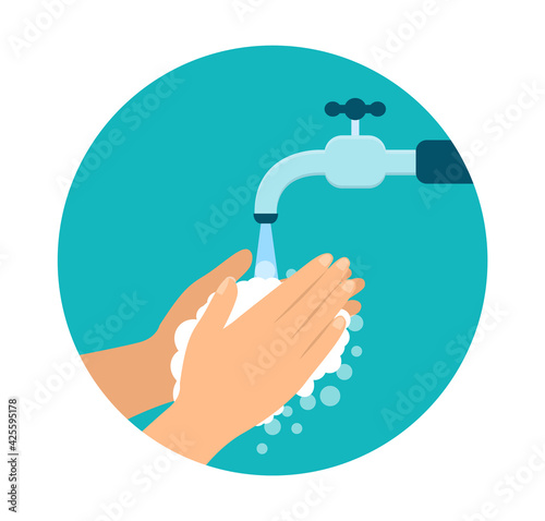 Hand washing for daily personal care. Hand rubbing with soap against COVID-19. Self protect from virus and bacteria. Pandemic of coronavirus. Hygiene is important. Vector illustration in flat style