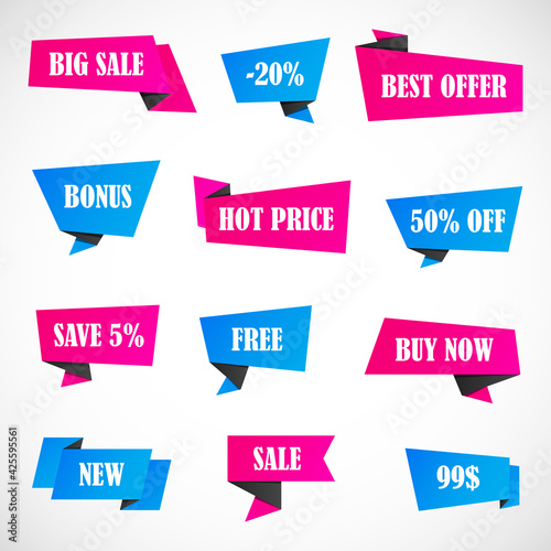 Vector stickers, price tag, banner, label. Coupon sale, offers and promotions vector template. 