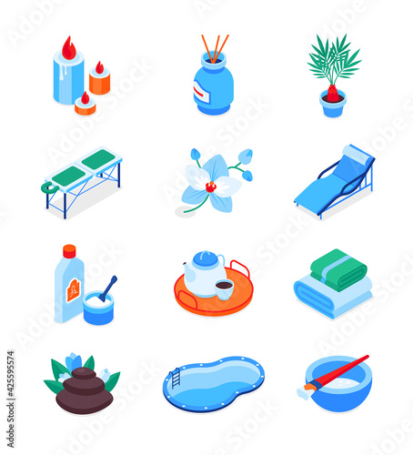 Wellness and spa - modern isometric icons set