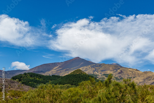 View at Mount Etna  volcano  in Summer time  Sicily. Italy  Europe