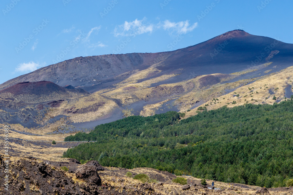 View at Mount Etna (volcano) in Summer time, Sicily. Italy, Europe