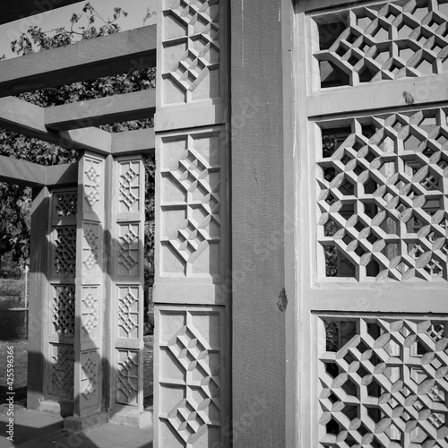 Inside view of architecture tomb inside Sunder Nursery in Delhi India, Sunder Nursery is World Heritage Site located near Humayun's Tomb in Delhi, Sunder Nursery inside view - Black and White photo