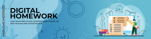 Digital Homework Web Banner Design. student take online exams on education web. online education, digital classroom. E-Learning concept. header or footer banner.