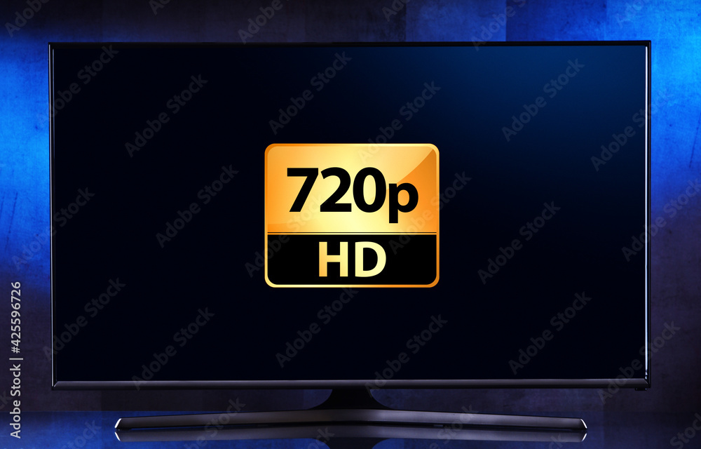 A flat-screen TV set displaying a 720p HD icon A flat-screen TV set displaying a 720p HD icon