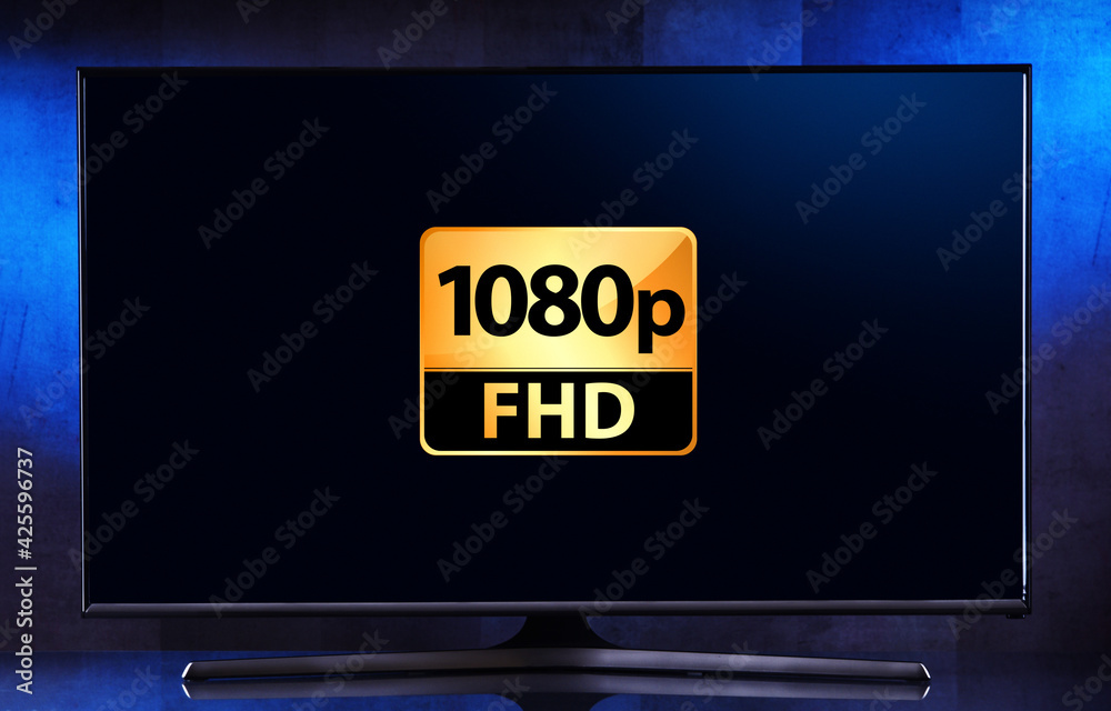 A flat-screen TV set displaying a 1080p FHD icon A flat-screen TV set displaying a 1080p FHD icon