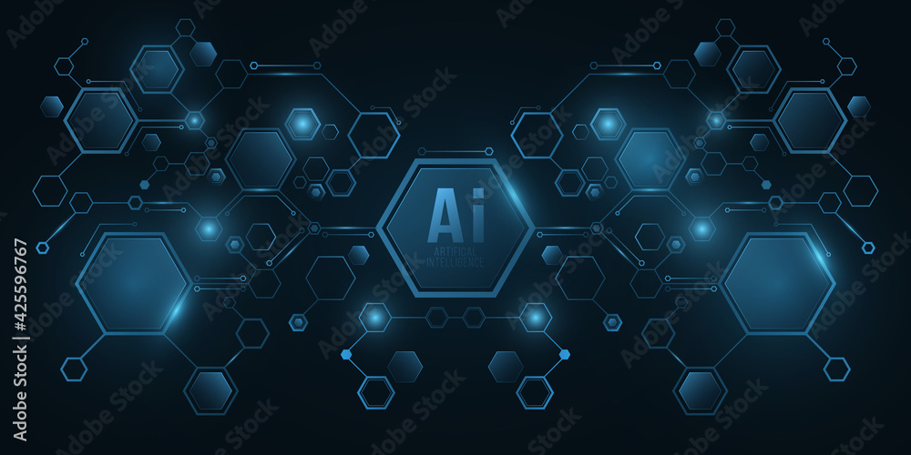 Futuristic diagram from glowing hexagons frame. Artificial Intelligence
