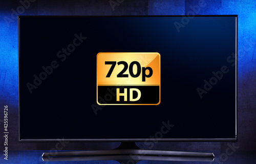 A flat-screen TV set displaying a 720p HD icon photo