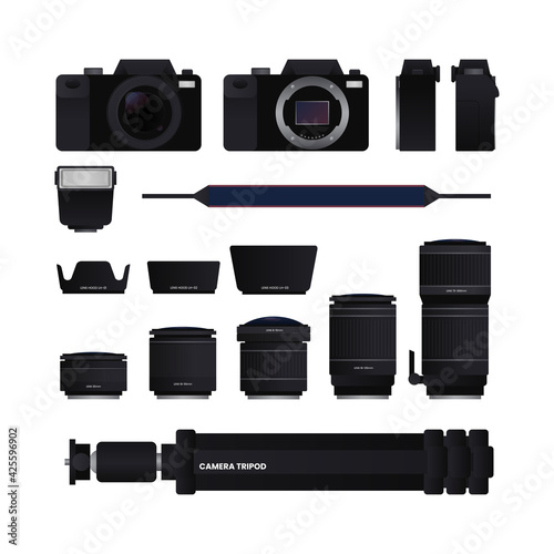 Camera equipment set (lens, lens hood, tripod, external flash, strap) on white background, vector illustration